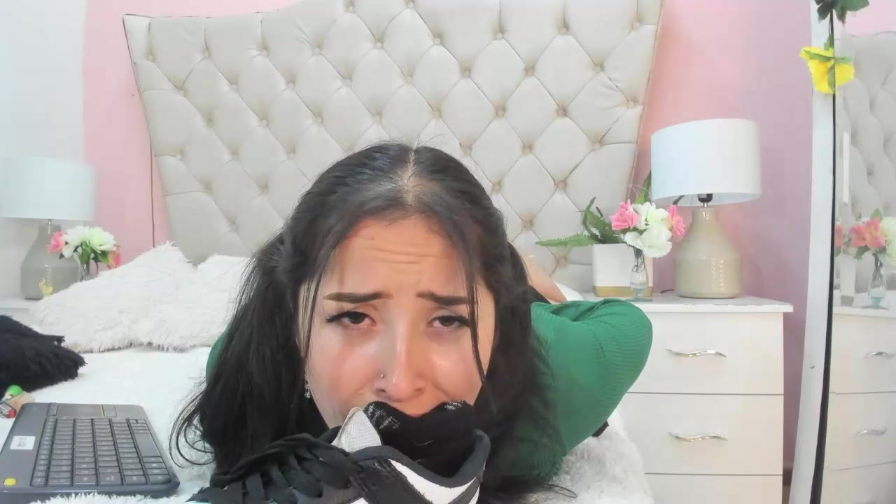 BoundHub - Cam girl sock gagged and hogtied, shoe in face